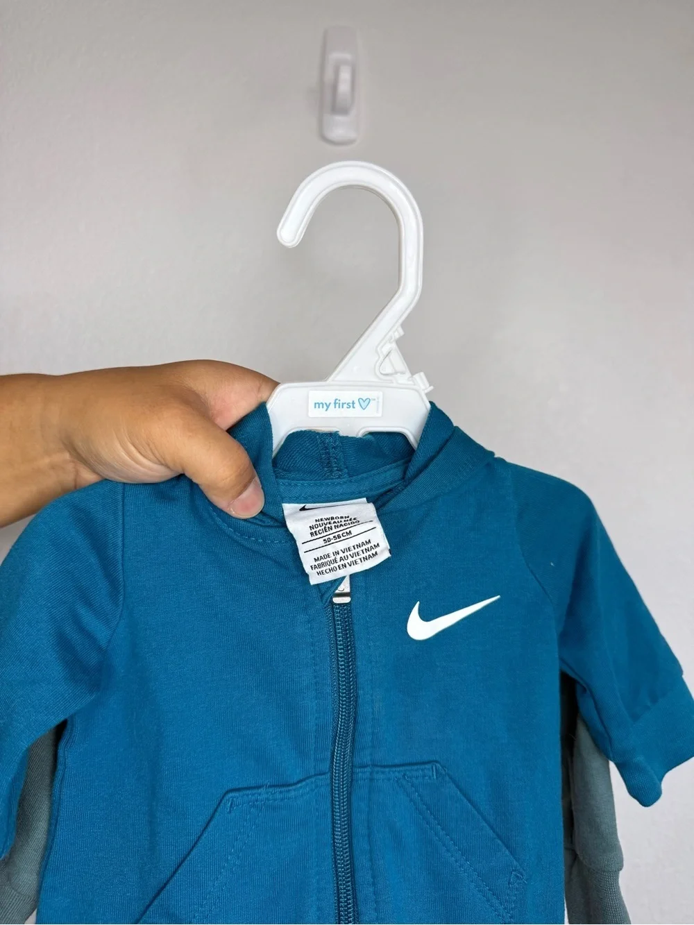 Nike Teal Blue Hooded Baby One-Piece with White Swoosh